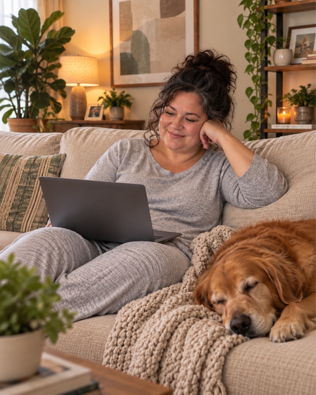 A woman relaxing at home with her dog while her AI model posts for her