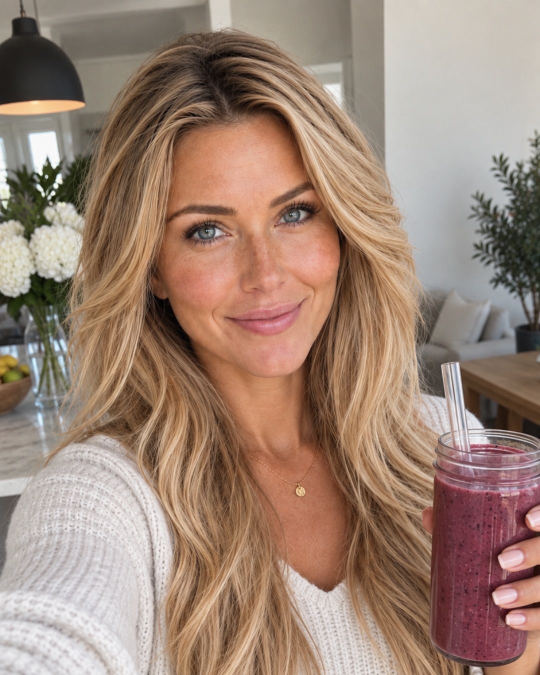 The same AI woman at home with a smoothie